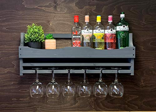 ADD A PERSONALISED MESSAGE OR SLOGAN!! - Laser Engraved Wooden Grey Gin Bottle and 6 Balloon Glass holder - Wall Mounted Display (6GGR)(EM)