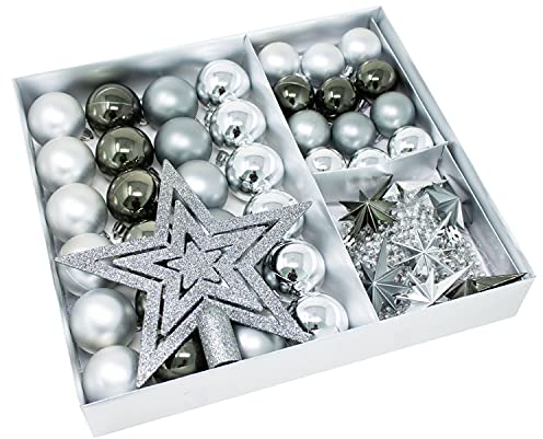 ToCi Christbaumschmuck Weihnachtskugeln Sterne Perlenkette 45 Teiliges Set (Grau-Graphit)