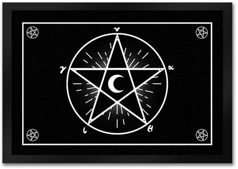speecheese Fußmatte in 35x50 cm mit Pentagramm im coolen Halloween Design in Schwarz-Weiß mit vielen verschiedenen Runen und Symbolen kann jeder Hexenzirkel Seine mystischen Rituale zu