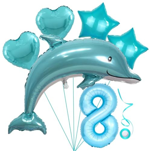 Delfin Blau Folienballon 8.Geburtstag Junge Luftballon Set XL Zahlen Ballon Zahl 8 Meerestier Luftballons Numbers 8 Foil Balloon 8 Jahre Sternfolie
