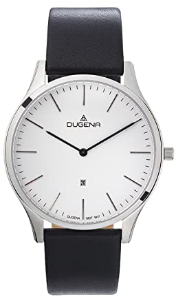 DUGENA Herren-Armbanduhr, 4461051, Plano, Quarz, weißes Zifferblatt, Edelstahlgehäuse, Saphirglas, Lederarmband, Dornschließe, 3 bar