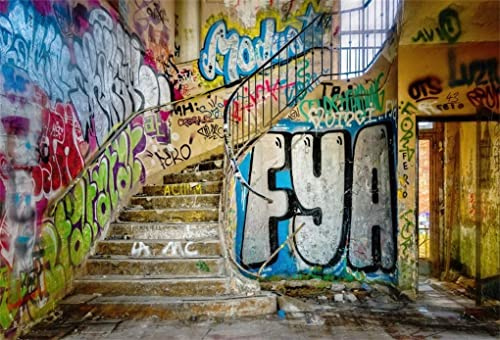 Renaiss 7x5ft Urban Street Graffiti Wall Photography Backdrop Retro Abandoned School Building Photo Background Student Kids Adult Portrait Shooting Vinyl Photo Studio Props