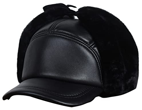 ZHOUXIAO Winter-Leder-Trapper-Hut Mit Ohrklappen Für Männer Und Frauen, Winddicht Wasserdichter Bomber-Hut-Aviator-Hut, Warme Weiche Soldat-Russisch-Faux-Pelzhut black-60-61CM