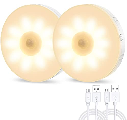 ADQOO LED Motion Sensor Night Light,2 Pack USB Rechargeable Smart Lights Indoors,Adjustable Brightness Warm Lighting for Baby/Kids/Children Room,Stairs,Hallway,Kitchen, Bedroom,Closet,Cabinets, White