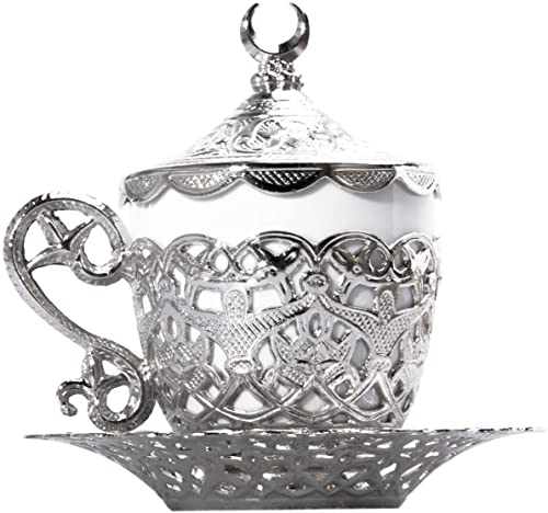 Alisveristime 1 taza de café turco, diseño tradicional con diseño de media luna, taza de porcelana y platillo para café turco, griego, árabe y espresso (Gelincik) (plata)
