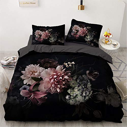 Luowei Bettwäsche Blumen 200x220cm Schwarz Vintage Floral Blüten Bettbezug Set Weiche Microfaser Bettdeckenbezug und 2 Kissenbezüge 80 x 80cm für Doppelbett