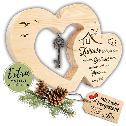 sagl.tirol Geschenkidee zum Einzug I Doppelherz aus Holz mit Schlüssel I 100% Naturprodukt I Einweihungsgeschenk Wohnung I Haus