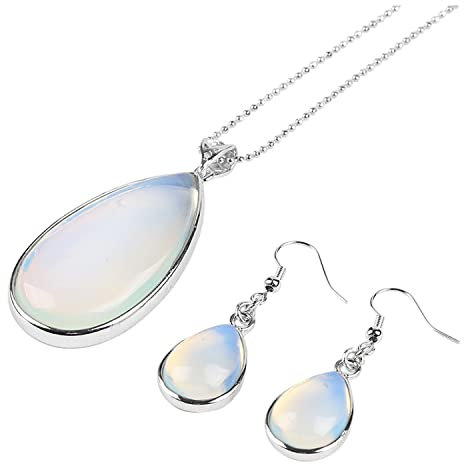 Ladies Matching Jewellery Set - Teardrop Design Necklace Pendant & Drop Earrings - Unique Novelty Jewellery for Women - With Jewellery Gift Box (White Opal)