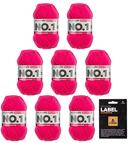 myboshi No.1 Wolle zum Häkeln und Stricken, Schnellstrickgarn, inkl. Label, Strickwolle, Häkelwolle, mulesing-frei, Ll. 55m /50g, 30% Wolle (Merinowolle) Neonpink, 8 Knäuel