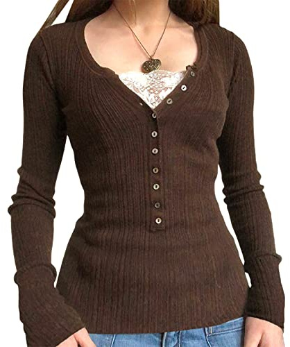 Womens Long Sleeve Henley Tops Casual Button Up Tunic Blouse Ribbed Slim Fit Shirts Y2K Lace Patchwork Pullover Shirt
