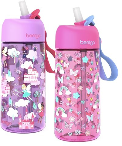 Bentgo Kids Water Bottle 2-Pack - Leak-Proof Durable Tritan BPA-Free 15 oz Cup for Kids/Toddlers Ages 3+; Bite & Sip Spout + Dishwasher Safe for School/Sports/Daycare (Rainbows & Butterflies/Fairies)