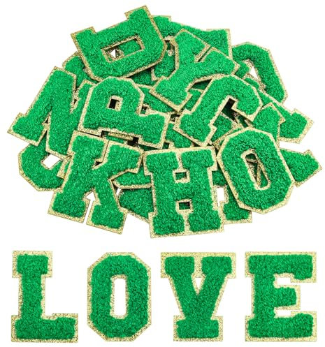 Morcheiong 26Pcs Self Adhesive Chenille Letter Patches A to Z, Chenille Letters for DIY Clothing, Fabric, Shoes, Bags (Deep Green)