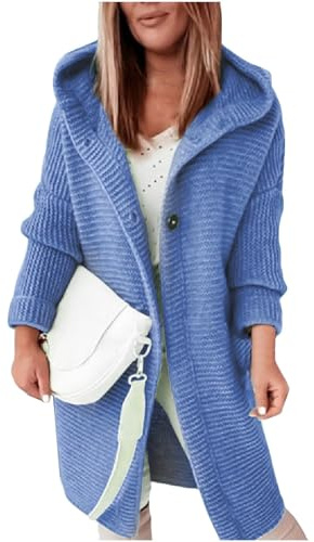 Damen Strickjacke Lang Softshelljacke Wasserdicht Trenchcoat Damen Lang Frauen Einfarbige DüNne Open Front Cardigan Mit Kapuze Herbst Winter Langarm Leicht Strick Mantel Fleece Jacke (Blau, M)