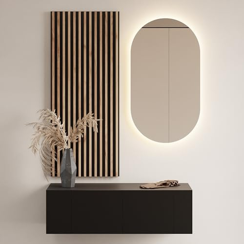 Planetmöbel Meuble de couloir - 1 x 100 cm - Noir - Panneau mural de 50 cm - Chêne doré/anthracite - Avec miroir de 50 cm (sans LED) - 32,5 x 100 x 37,8 cm (H x l x P)