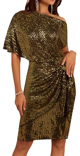GRACE KARIN Damen EIN-Schulter Pailletten Kleid Glitzer Party Club Cocktailkleid Gerüschtes Bodycon Kleid S Schwarz-Gold CL2463A23-22