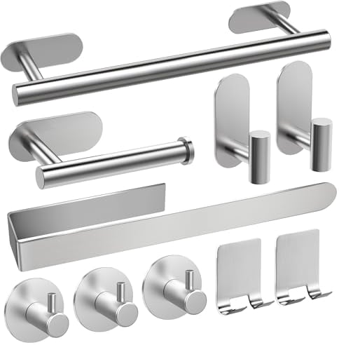 AIKER Toalleros de Baño Sin Taladro,Versión Completa Juego de Toallero de Baño 10PCS,Acero Inoxidable SUS304 de Espesada Accesorios Baño para Mueble Baño o Colgador Pared Decoracion baño-Plata