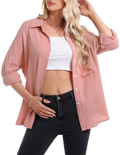 Aottori Musselin Bluse Damen Elegant 100% Baumwolle Longbluse Langarm Modern Oberteile Hemd Lose Langarmshirt Blusenshirt Hemdbluse Tuniken Tops Rosa XXL