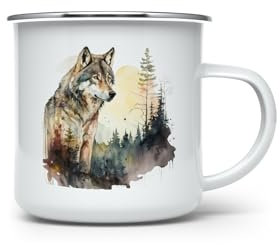 MAXIKIWI - Durable Enamel Coffee or Tea Camping Mug for Indoor Outdoor Use - Wolf Wall Art Watercolor - 350ml
