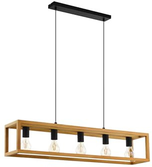 Eglo Pendant Lighting Blackcrown | 5-light vintage hanging lamp for dining table, ceiling light fitting living room, natural design, light wood, E27 socket, 100