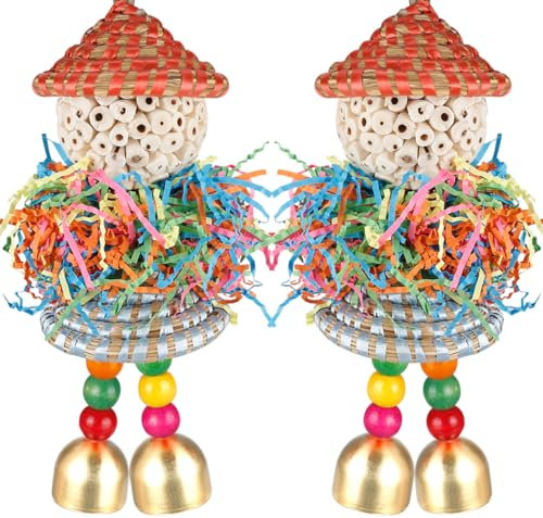 BBjinronjy Sittichspielzeug, 2 Stück Vogelspielzeug, Papageienfuttersucher, Schredder, Hängespielzeug, Sola-Bälle mit Glöckchen für kleine Papageien, Sittiche, Nymphensittiche, Sittiche (Bunte Hüte)