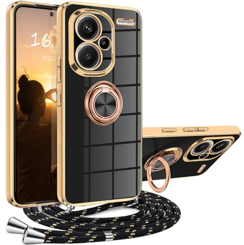 Cover Xiaomi Redmi Note 13 Pro Plus 5G con Cordino e Tracolla, Custodia Antiurto 360° con Anello Metallico Kickstand, Supporto Auto - Nero