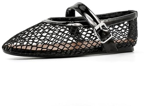 Sandalias Planas de Ballet de Malla para Mujer,Zapatos de tacón Mary Jane con Hebilla de Punta Redonda Suave e Informal,Zapatos Transpirables con Corte Plano Sexy,Negro,36 EU