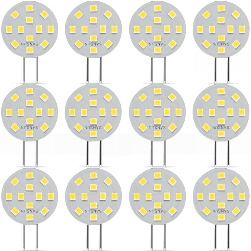 SANSUN G4 LED-Leuchtmittel, 2 W, entspricht 20 W Halogen, G4/GU4/GZ4 Bi-Pin-Sockel, AC/DC12 V, 5000 K, 120 ° Weitwinkel, nicht dimmbar (Kaltweiß, 12 Stück)