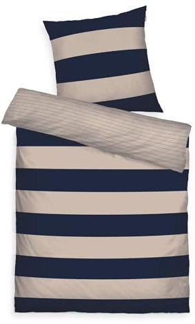 TOM TAILOR Renforcé-Bettwäsche, 65x100 cm + 160x210 cm, 100% Baumwolle/Renforcé, mit Wendemotiv und farbigem Markenreißverschluss, BOLD STRIPES Blau, Beige (Dark Navy, Sunny Sand)