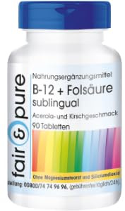 Fair & Pure Vitamin B12 500µg + Folsäure 100µg sublingual, 90 Tabletten, hochdosiert, mit Vitamin C, Nahrungsergänzungsmittel vegan ohne Magnesiumstearat, in Deutschland hergestellt