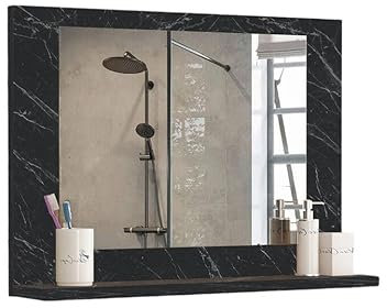 URBNLIVING Modern Wooden Wall Mounted Bathroom Mirror with Cosmetics Shelf Vanity Storage Easy to Install Stylish & Space-Saving Design (Black Marble)