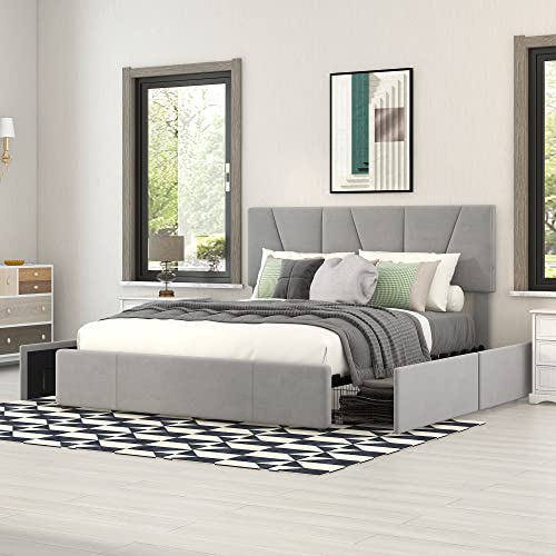 Luxus Polsterbett 140x200cm - Grau Samtbezug, 4 Schubladen, verstellbares Kopfteil - Doppelbett mit Stauraum, 220kg Tragkraft - Modernes Design für Schlafzimmer & Gästezimmer