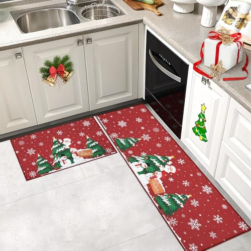 CAROMIO Weihnachts-Küchenmatte Weihnachtsmann, 2er-Set, rutschfeste Dicke Küchenteppiche und Matten für Boden Bequeme Stehmatten für Küchenspüle Büro Wäscherei 40 x 60 + 40 x 120 cm