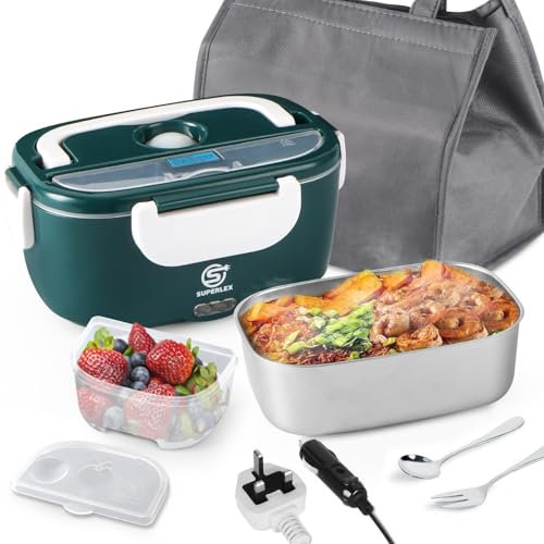 SUPERLEX 3-in-1 Electric Lunch Box 80W, 1.5L Leakproof Food Warmer for Car/Office/Travel, 12V/24V/110V/220V with Stainless Steel Container & Carry Bag