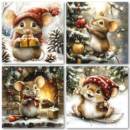 Charity Christmas Cards Pack of 32. Each Christmas Card multipack has 4 different Festive Mice designs. Ecofriendly and UK made. Verse Inside. Small 100 x 100mm card size.
