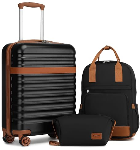 KONO Koffer Trolley Handgepäck Koffer Reisekoffer von ABS+PC Hartschalenkoffer mit 4 Rollen TSA Schloss Koffer Set Enthält 1 Reiserucksack und 1 Kulturbeutel(Schwarz/Braun,Kofferset 3 Teilig)