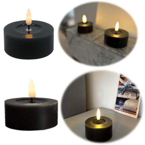 LS-LebenStil Real Flame 3D 2x Teelichter Ribe Schwarz 6,8cm Deluxe Echtwachs Wachsspiegel flackernde Kerzen