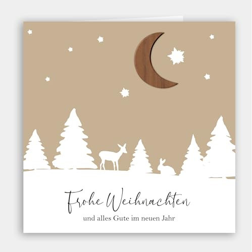 Original Holzgrusskarte – Besondere Weihnachtskarte mit 3D-Holzsticker Mond – Grußkarte für Weihnachtsgrüsse, Fröhliche Weihnachten, Frohe Weihnachten, Weihnachtskarte mit Umschlag