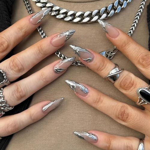 French Tip False Nails - 24pcs Silver Swirl False Nails - Medium Almond 3D Press on Nails - 12 Sizes Gothic Fake Nails with Glue - Full Cover Irregular Pattern Design Stick on Nail for Women Girls