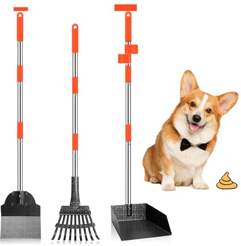 Furggis 3 Pack Metal Pet Poop Scoop,Tray and Rake,Adjustable Long Handle | For Pet Waste Removal,No Bending Poop Scooper Perfect for Large Medium Small Dogs