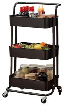 Direct Online Houseware 3-Tier Utility Cart Metal Rolling Trolley with Shelves Organizer 90 x 40 x 35 cm (Black)