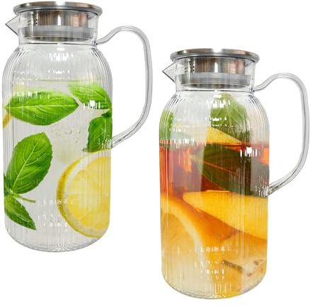 Confezione da 2 brocche da 2 litri, in plastica trasparente, senza BPA, con coperchio, per frigorifero, per tè freddo, succo, sangria, limonata, latte e bevande calde e fredde, grandi caraffe per