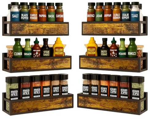 ROURANB Spice Rack Wall Mount, 6 Pack Engineered Wooden Wall Mounted Hanging Spice Rack Organizer for Cabinet, Pantry Door, Easy Install Seasoning Organizer (6 Pack, Adhesive Or Screw Installed)