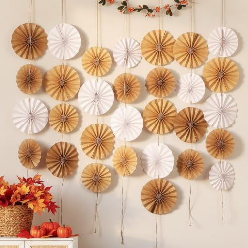 EASY JOY 30er Set Neutrale Rustikale Hängende Papierfächer Girlande | Braun & Weiße Boho Papierfächer Deko für Herbstdeko, Schulanfang, Einschulung, Klassenzimmer, Geburtstag, Babyparty, Hochzeit