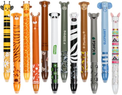 TaleMoon 12 Stück Radierbare Gelstiften,Cartoon Kugelschreiber Stifte Set,Zweifarbige Gedrückte Radierbare Stifte,0.7 mm,Mehrere Farben und Tiermotive,Geburtstag für Kinder