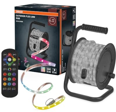 Osram Outdoor Flex RGB LED Streifen 20M IP65, inkl. Fernbedienung, bis 50 m erweiterbar, mit Kabeltrommel, Anschlusskabel, Zubehör