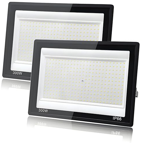 2 Piezas Focos LED Exterior 300W, Tkdaksy 1M Cable Blanco Frío 6500K Proyector LED Exterior, Resistente al Agua IP66 Foco Proyector LED, 30000LM para Terrazas, Patios, Cuadrado, Parques, Garajes, Fábr