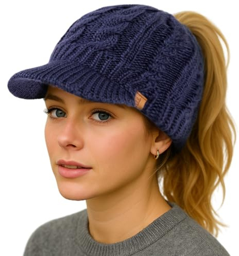 TOP-EX ChicPony™ Merino Wolle Ponytail Strickmütze mit Schirm 3 Zopföffnungen Fleece Gefüttert Warme Winddichte Wintermütze Damen