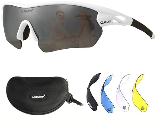 OUTDOORSPARTA Gafas de sol deportivas polarizadas con 5 lentes intercambiables para hombre y mujer(12. Marco blanco, Plata espejada de lente completa)