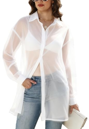 Gihuo Womens Sheer Blouse Mesh Button Down Shirts Long Sleeve Sexy See Through Tops(White-XL)