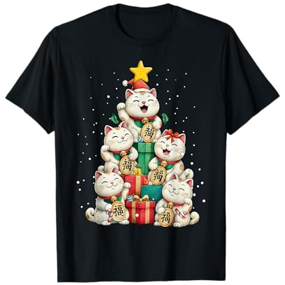 Niedliche Maneki Neko Japanische Katze Glücksbringer Weihnachtsbaum Xmas Hut T-Shirt